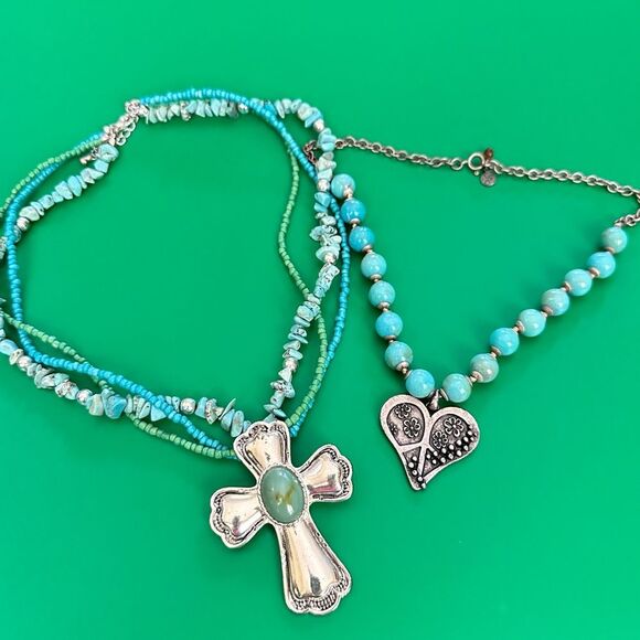 Two Faux Turquoise Beaded Necklaces - Cross Heart - Picture 1 of 7